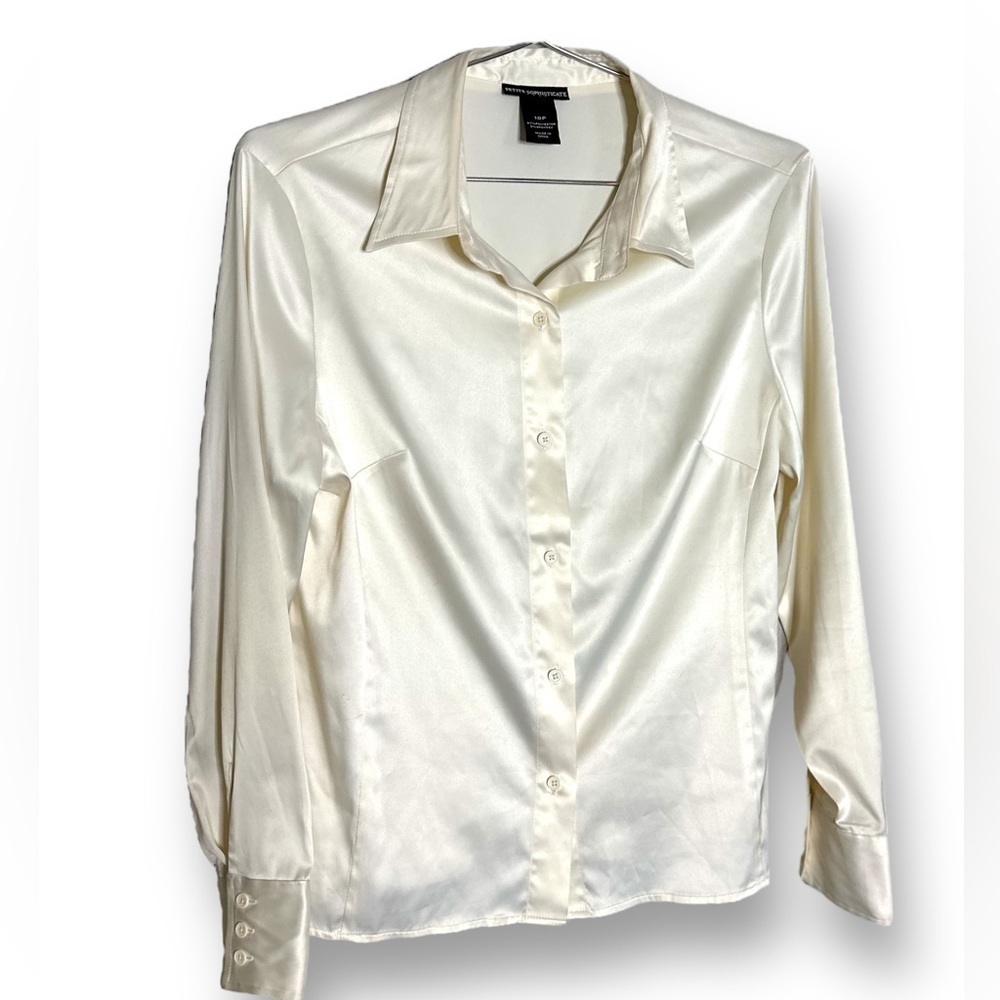 PETITE Sophisticate Size 10 - ivory silky button up long sleeved